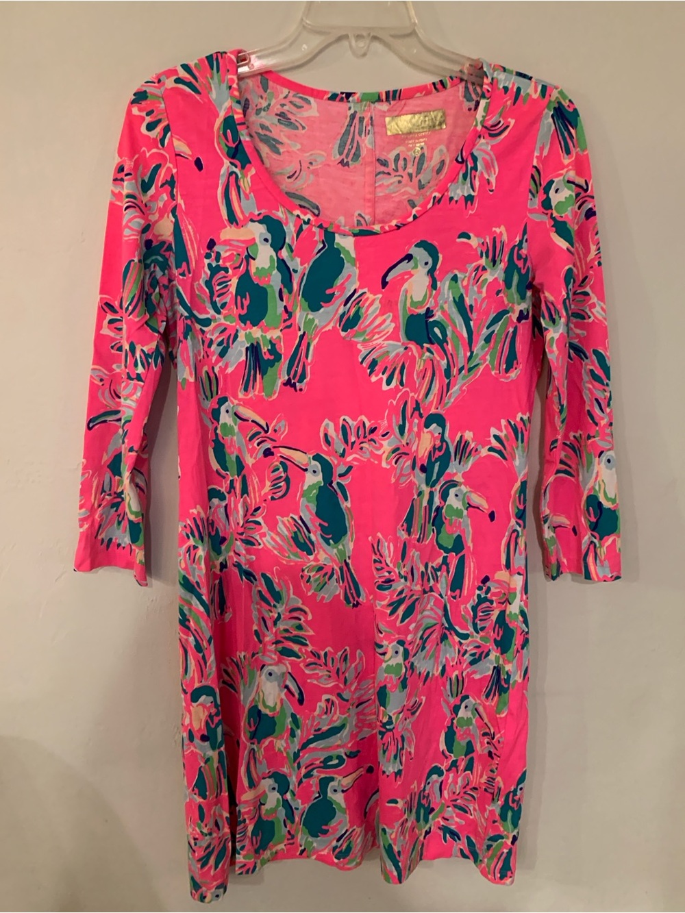 Lilly Pulitzer Neon Pink Toucan Print Long Sleeve Pima Cotton Tunic Dress S